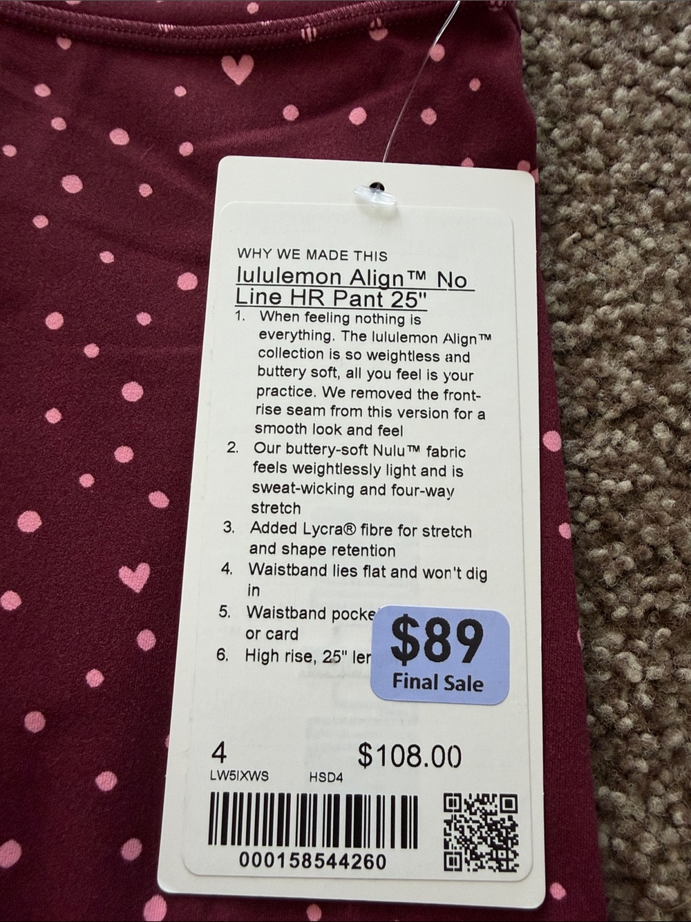 lululemon athletica Maroon Leggings with Pink Heart Dot Print HR ALIGN 25” - Picture 2 of 3
